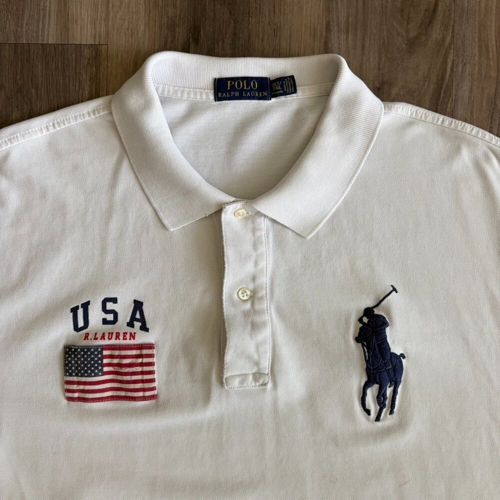 Polo Ralph Lauren Polo Shirt Men's Size 3XLT USA Flag White Big Pony WORN